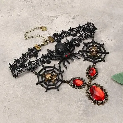 Vintage Lace Skull Head Choker Crystal Spider Web Necklace Halloween Party Accessories