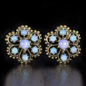 VINTAGE OPAL STUD EARRINGS 14k YELLOW GOLD HANDMADE FLOWER VICTORIAN BLUE ESTATE