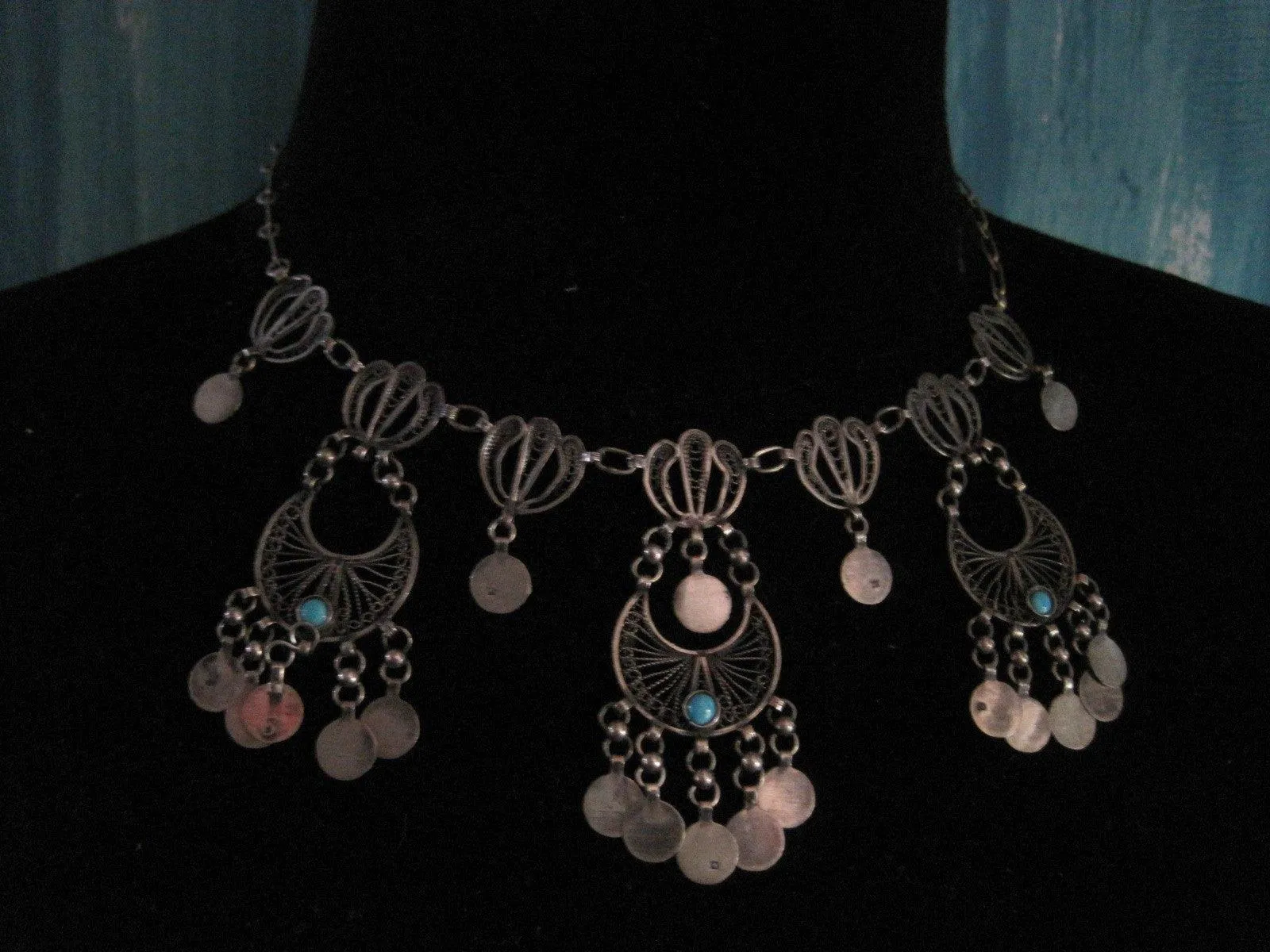 Vintage Silver and Turquoise Pretty Egyptian Choker Necklace with Coin Dangles