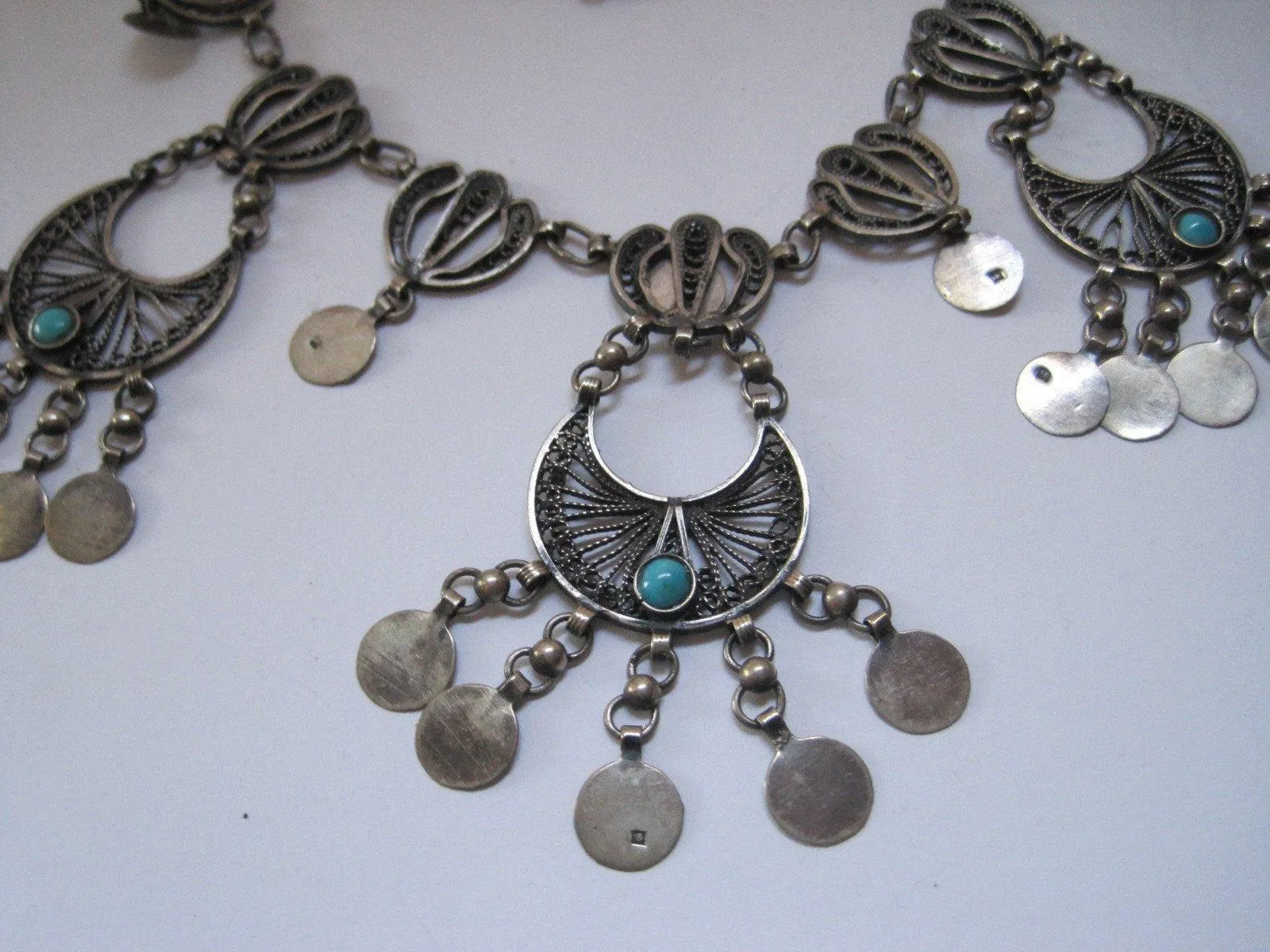 Vintage Silver and Turquoise Pretty Egyptian Choker Necklace with Coin Dangles