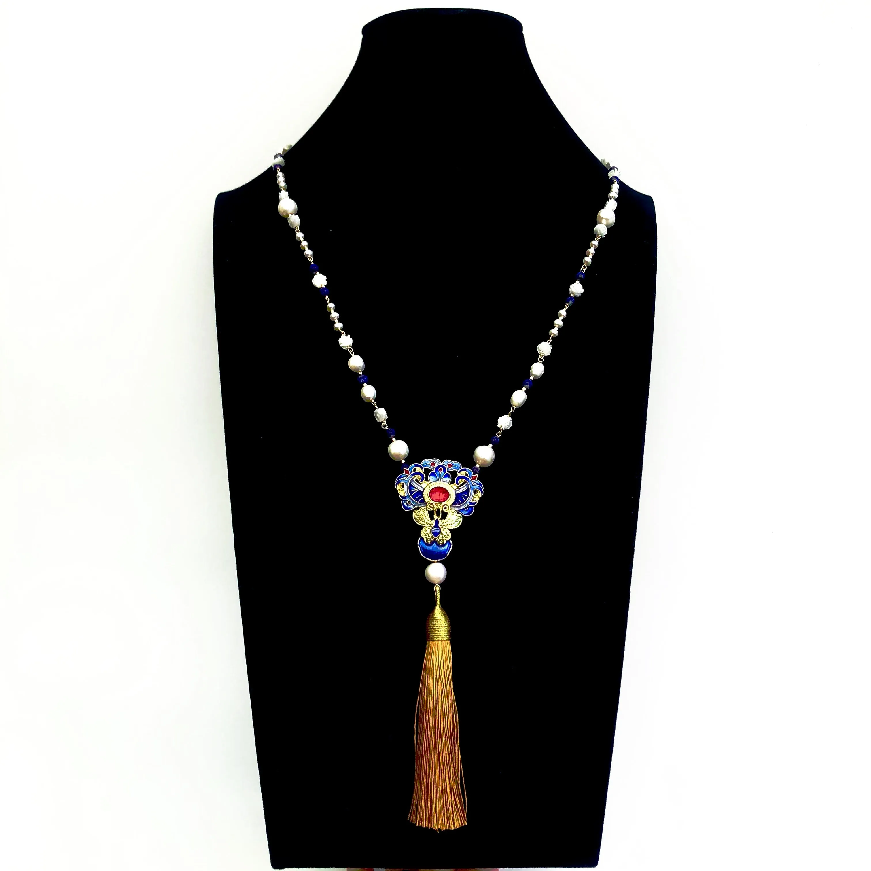 Vintage Style Natural Pearl Enamel Pendant Necklace