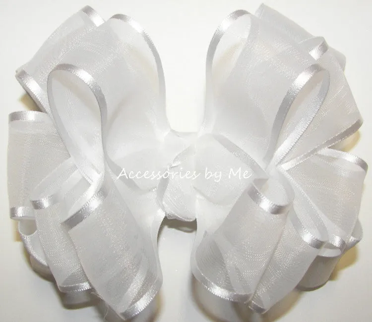 White Organza Satin Trim Hair Bow