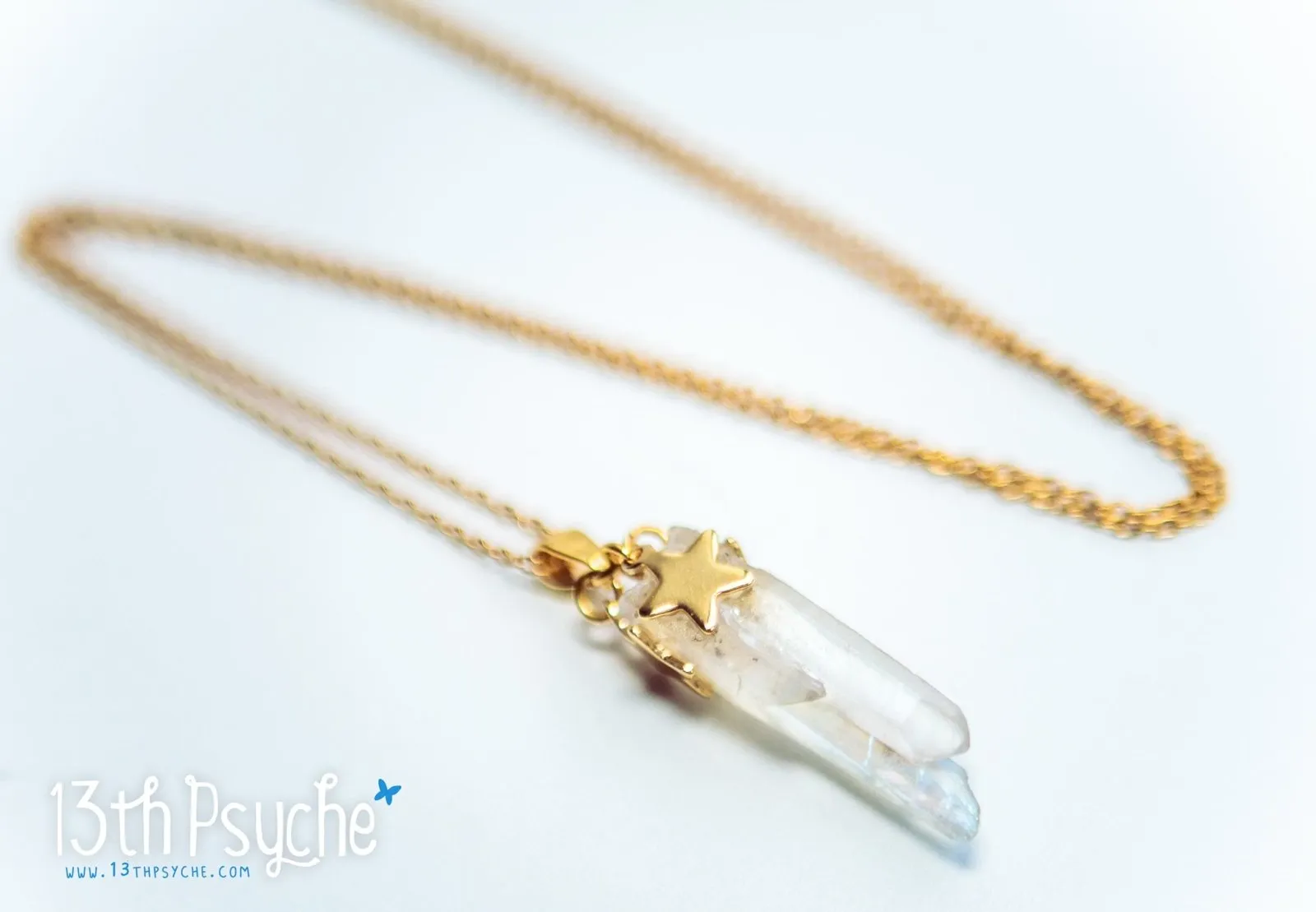 White raw quartz crystal point pendant necklace with golden stars