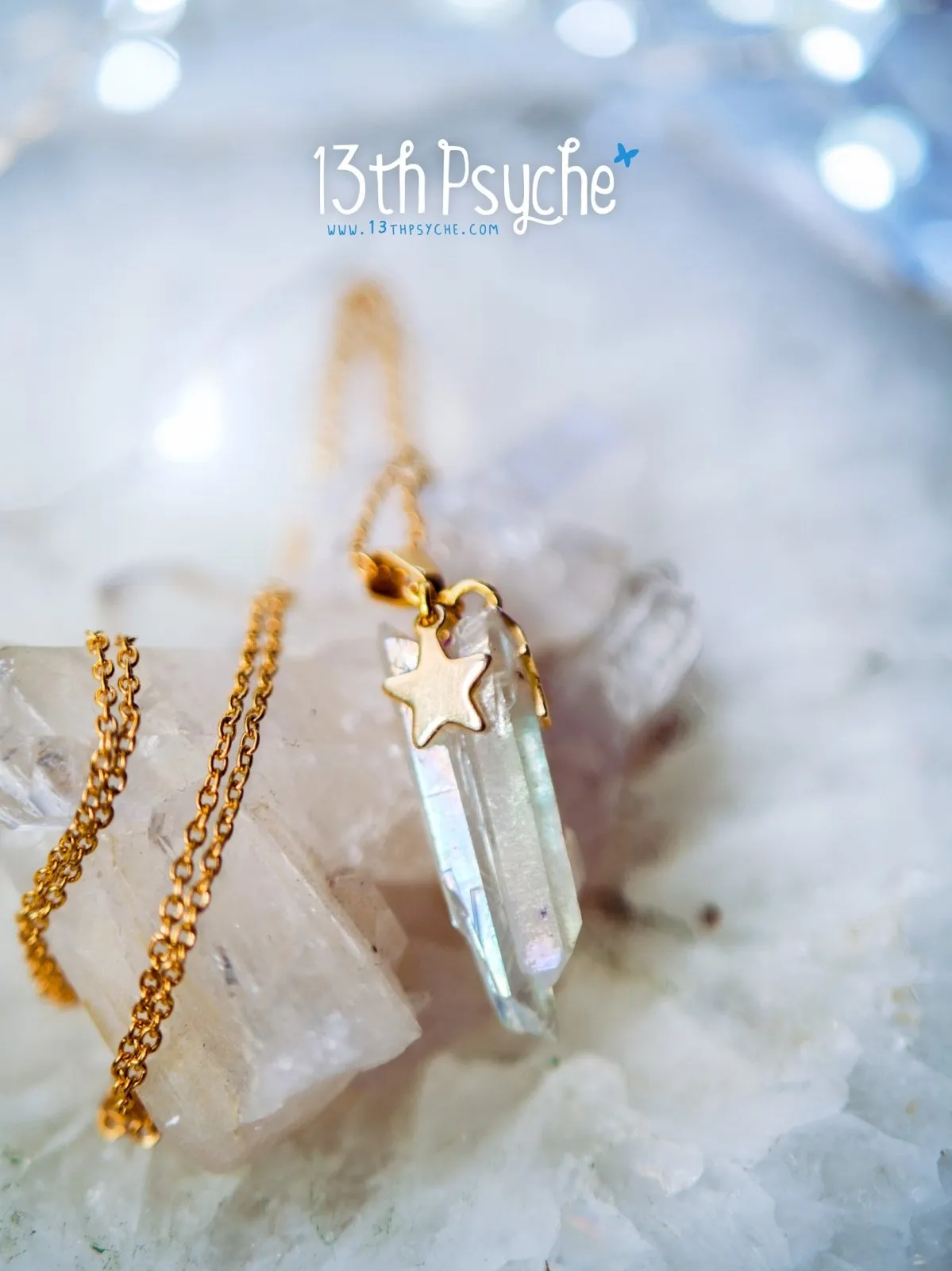 White raw quartz crystal point pendant necklace with golden stars