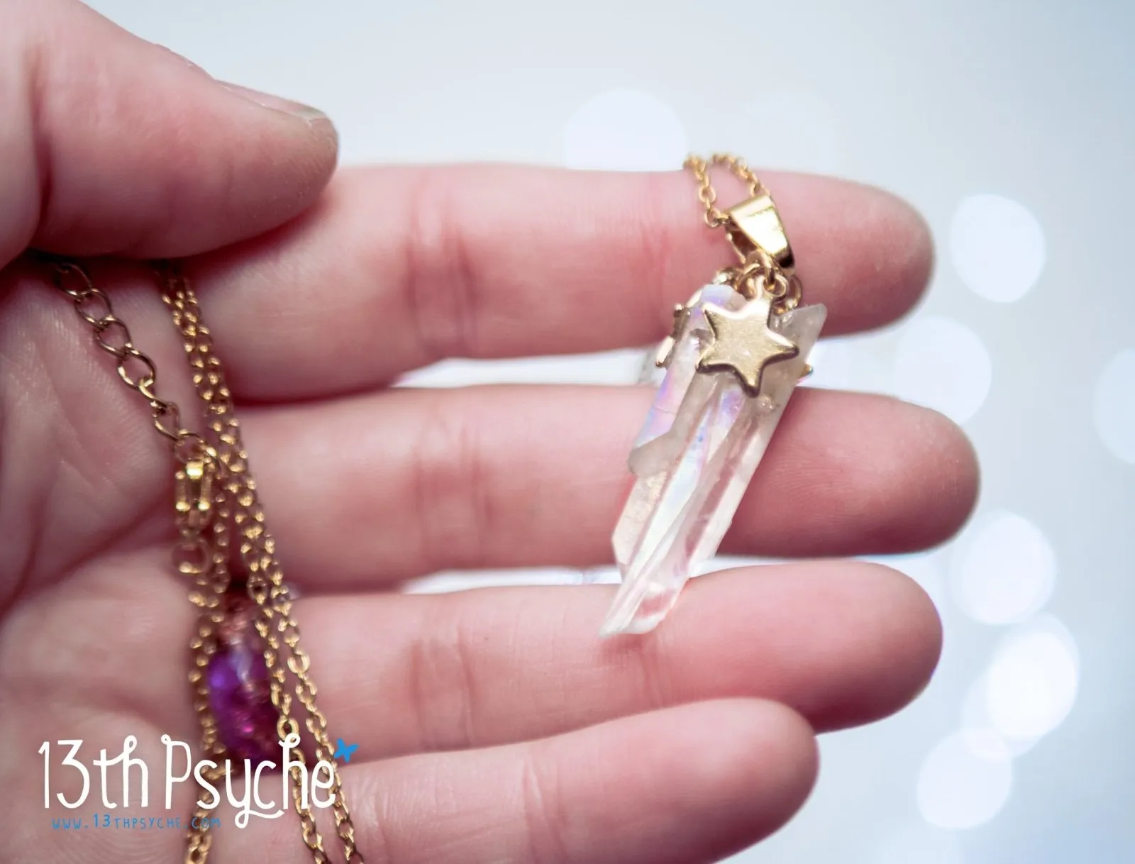 White raw quartz crystal point pendant necklace with golden stars