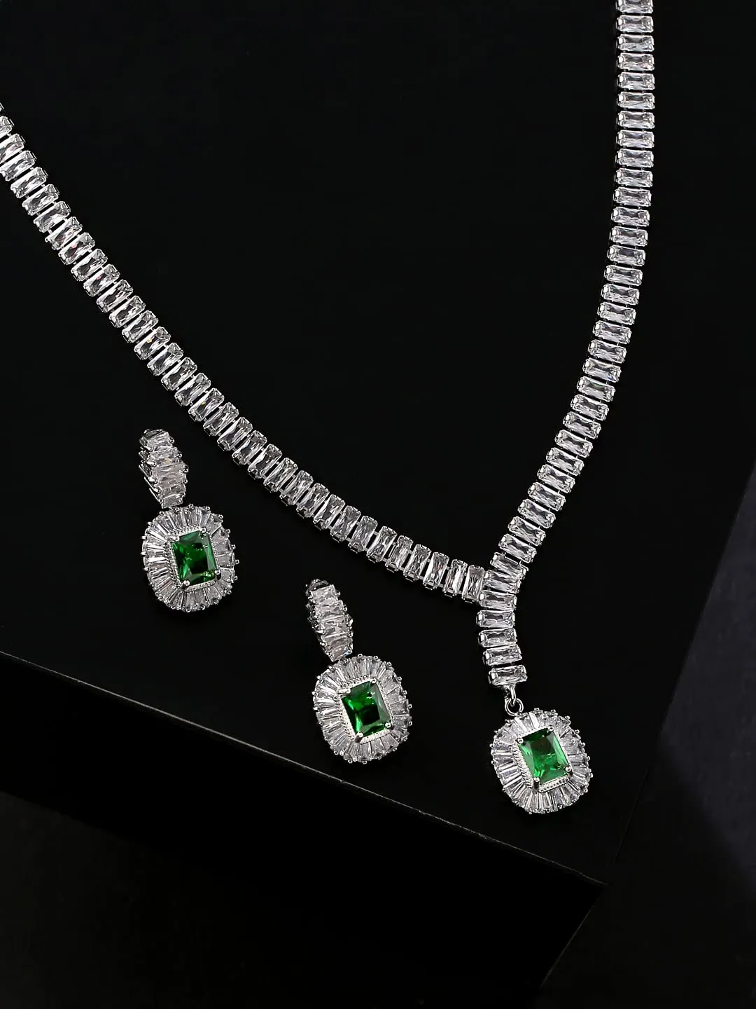 Yellow Chimes Jewellery Set for Women Rhodium-Plated Real Green Cubic Zircon Necklace Set Classic CZ Jewellery Set For Women and Girls.