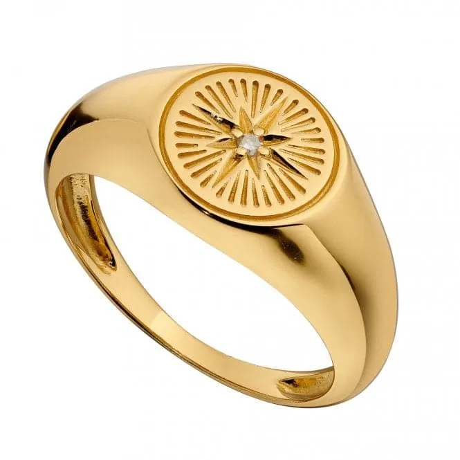 Yellow Gold Plated Diamond Cut Design Signet with Zirconia Ring R3775C